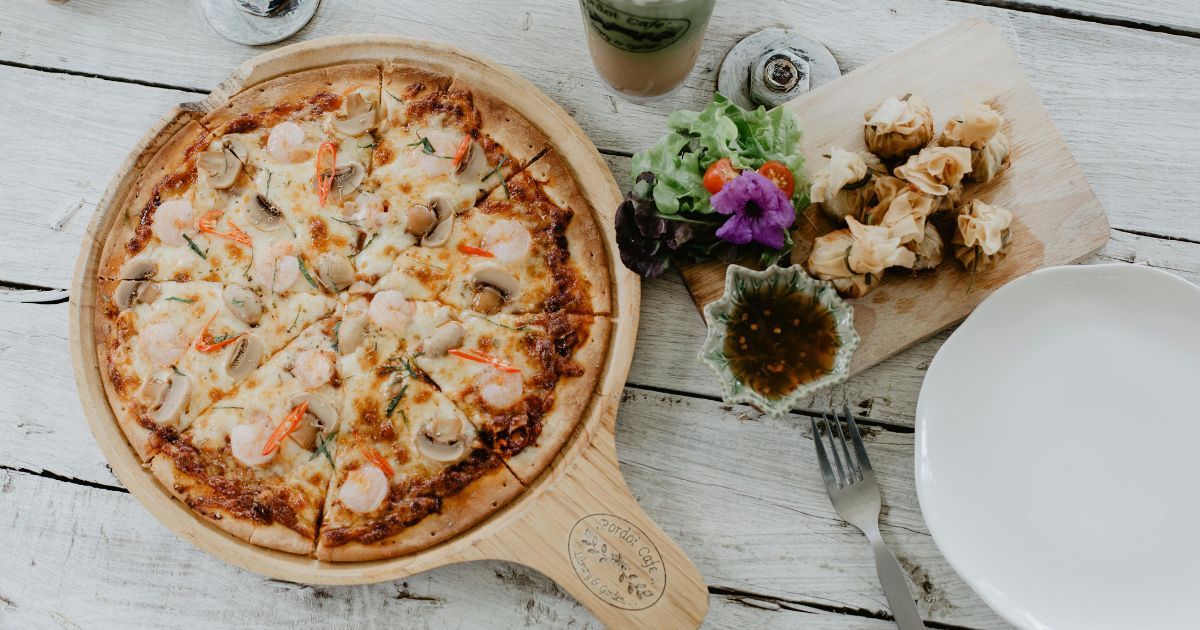 Seafood Pizza with Mushrooms and White Sauce